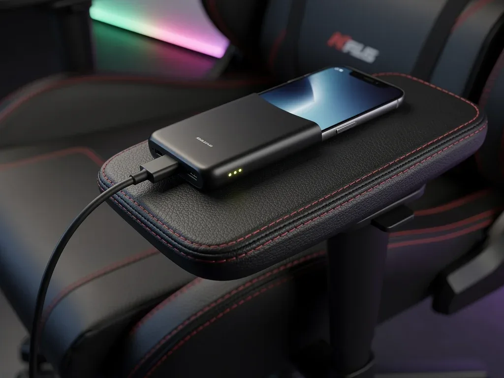Portable power bank charging gaming smartphone on a gaming chair