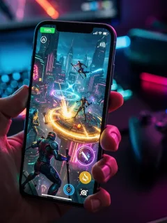 Gamer holding smartphone with full battery during extended mobile gaming session