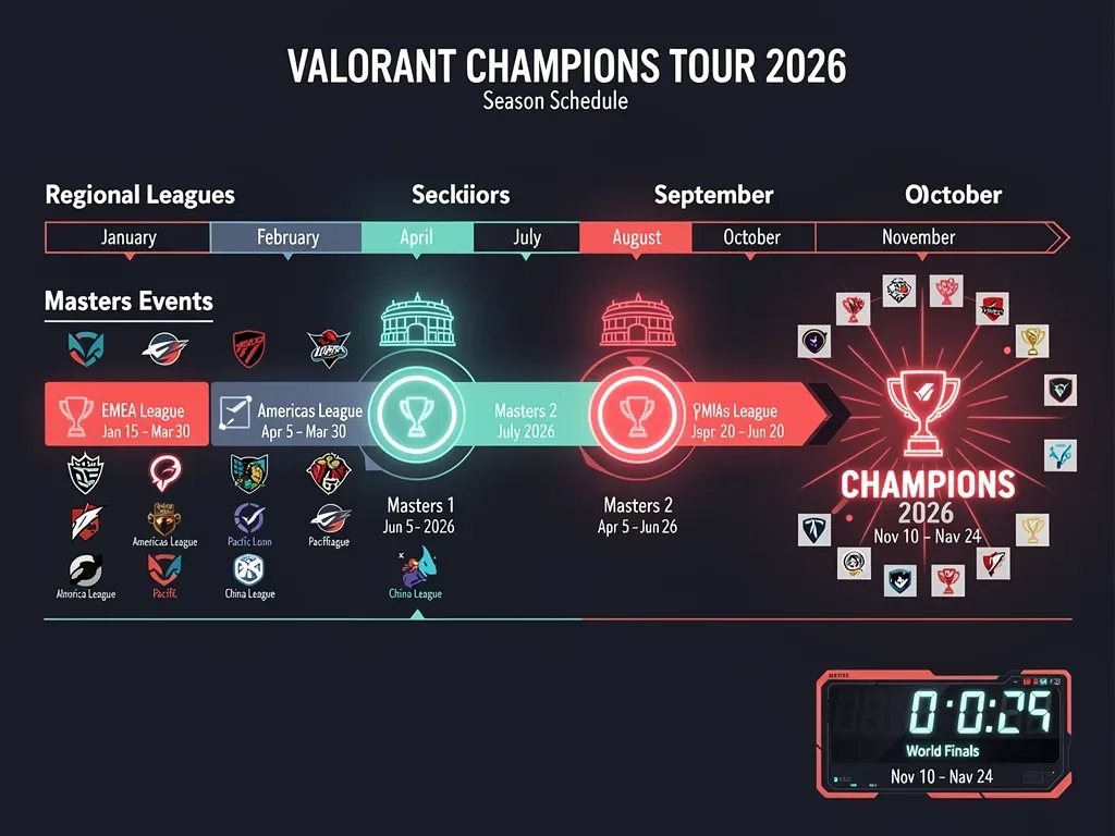 Infographic detailing the Valorant Champions Tour 2026 schedule and key dates
