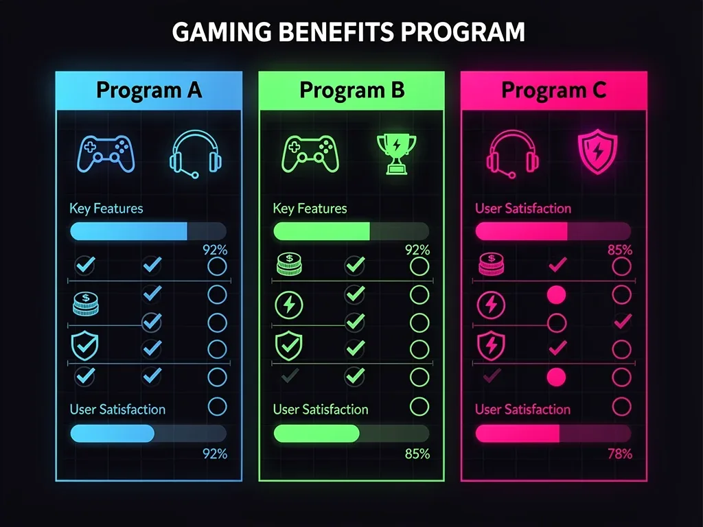 Infographic comparing features and benefits of three top gaming loyalty programs.