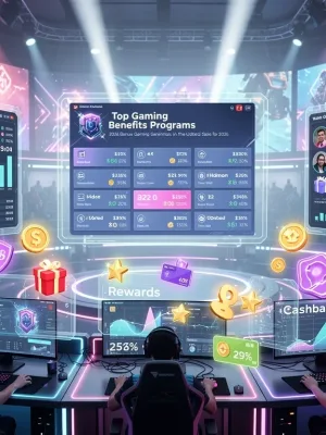 Futuristic gaming benefits program dashboard with glowing icons and data graphs.