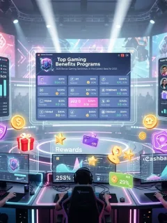 Futuristic gaming benefits program dashboard with glowing icons and data graphs.