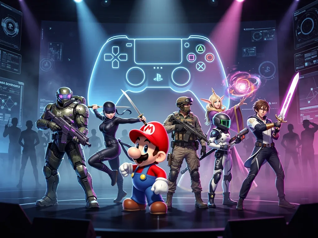 Diverse video game characters montage, hinting at new game announcements.