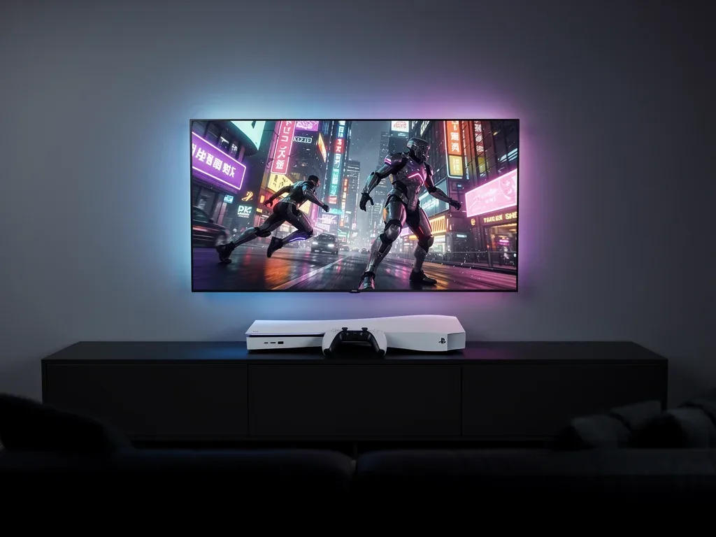 Modern gaming setup with PlayStation console and 4K TV showcasing next-gen graphics.