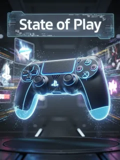 Futuristic PlayStation controller illuminated by blue light, showcasing next-gen game titles.