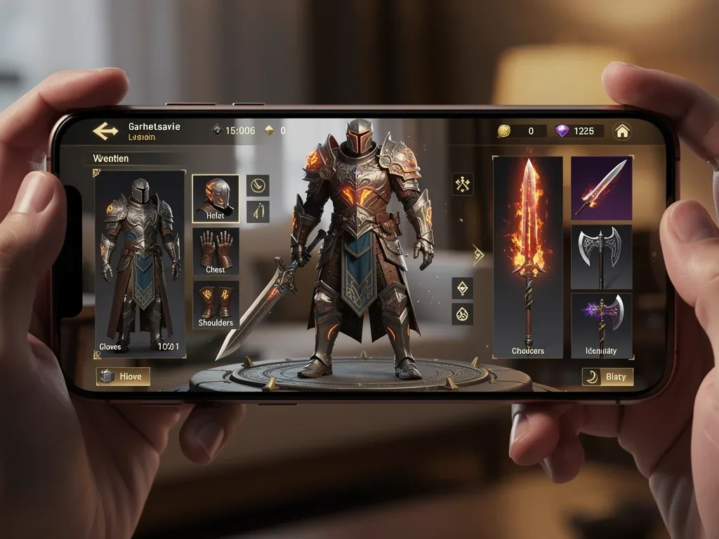 Mobile RPG character customization screen with intricate armor and weapon designs.