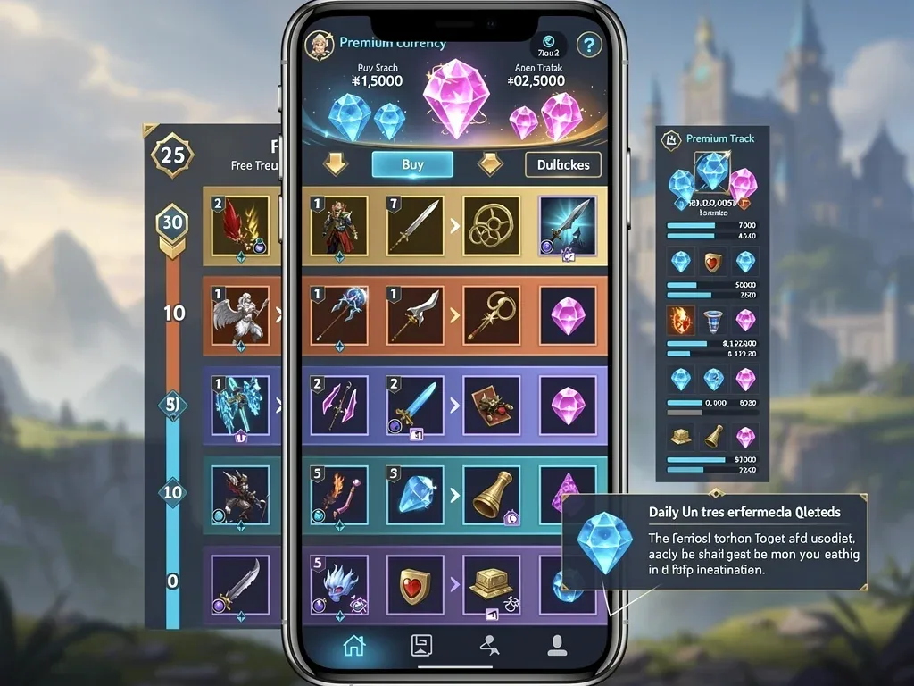 Mobile RPG battle pass system showcasing tiered rewards and premium currency.