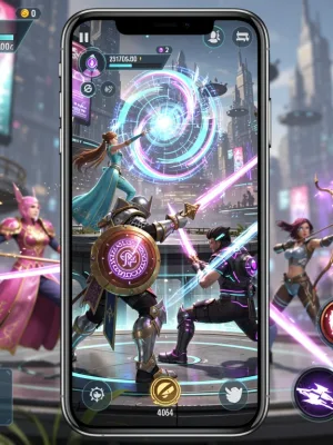Futuristic mobile RPG interface with diverse characters and dynamic spell effects.