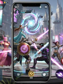 Futuristic mobile RPG interface with diverse characters and dynamic spell effects.