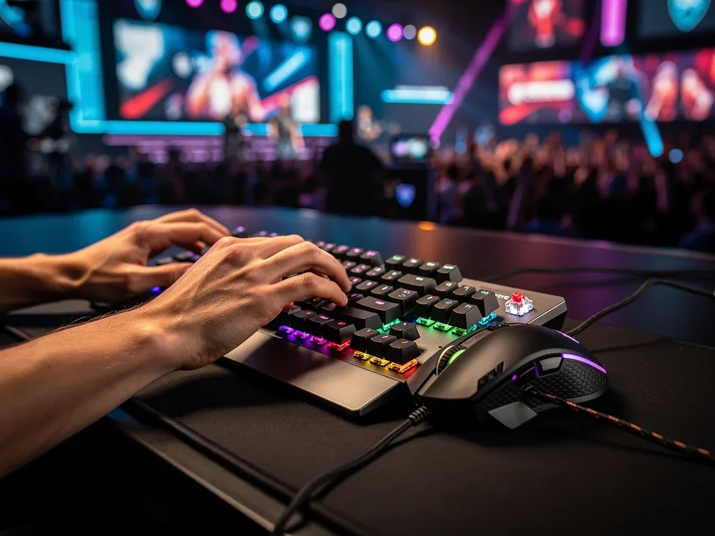 Gamer's hands on a mechanical keyboard and precision mouse during competitive play.