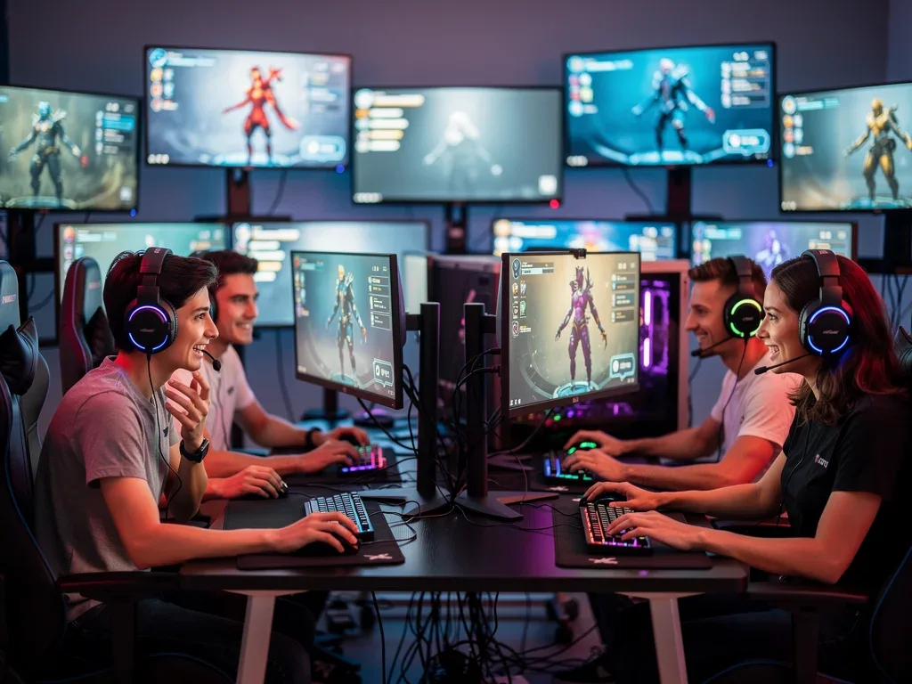 Diverse group of PC gamers collaborating and communicating in an online multiplayer game.