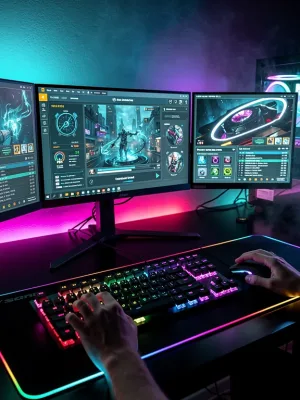 Futuristic PC gaming setup with multiple screens and RGB lighting, showcasing immersive gameplay.