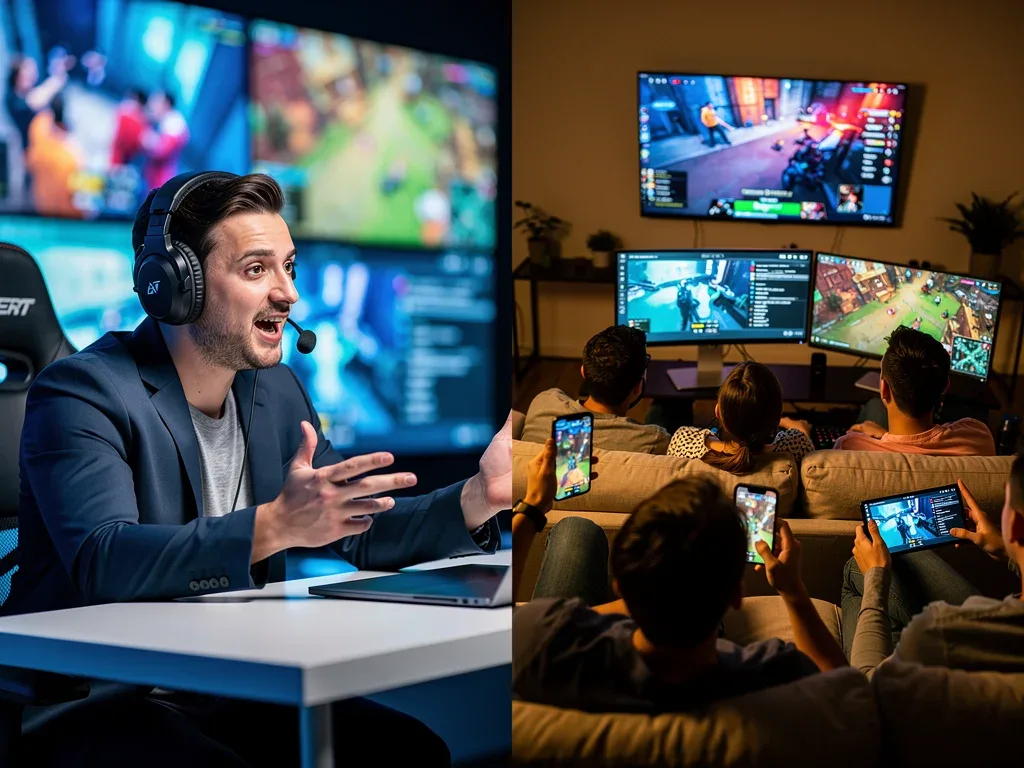 Esports caster and diverse audience watching on multiple devices