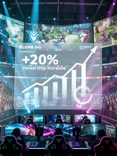 Packed esports arena with gamers and a 20% viewership increase graphic