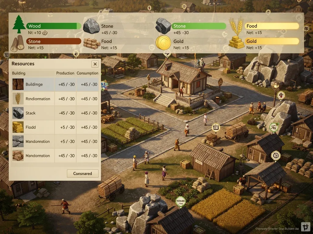 In-game screenshot of Dynasty Builders 5 resource overlay with production stats