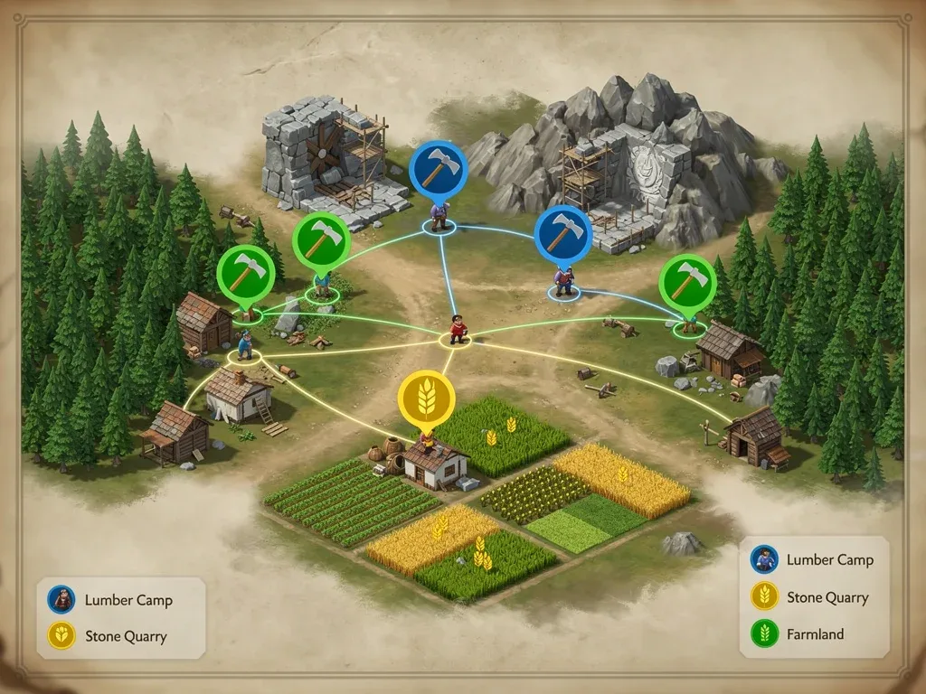 Strategic map showing optimal worker placement for resource nodes in Dynasty Builders 5