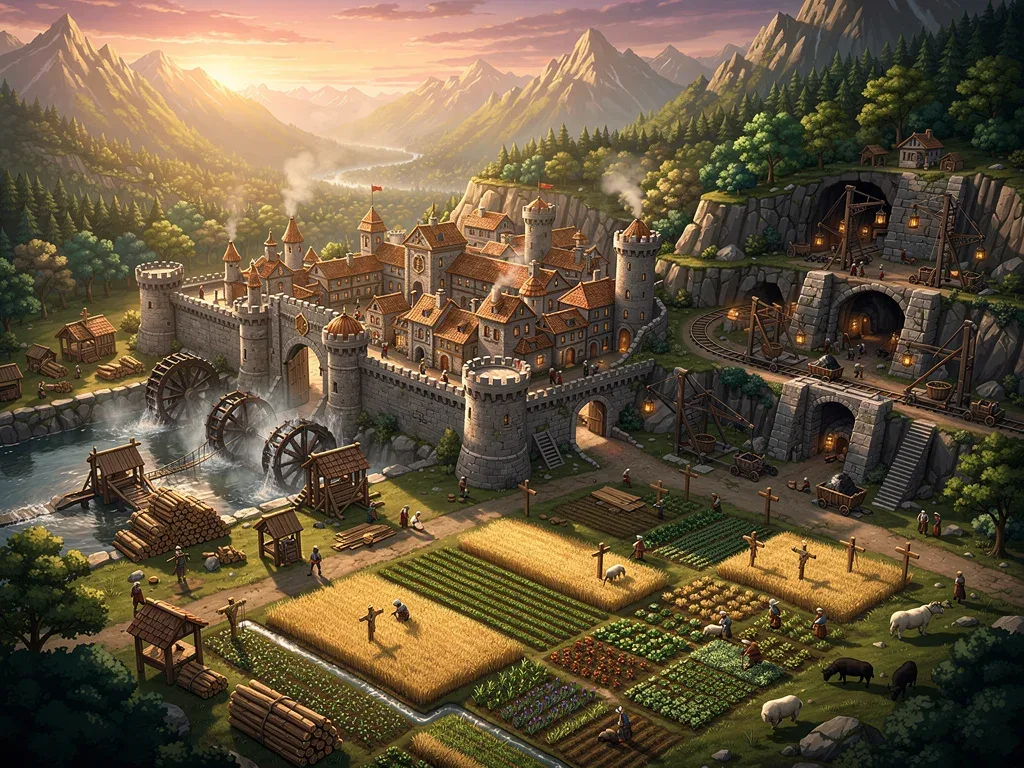 Detailed aerial view of a bustling early game city in Dynasty Builders 5 with active resource production