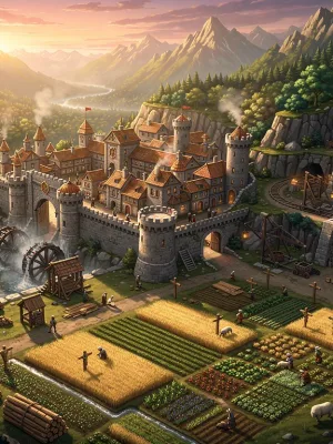 Detailed aerial view of a bustling early game city in Dynasty Builders 5 with active resource production