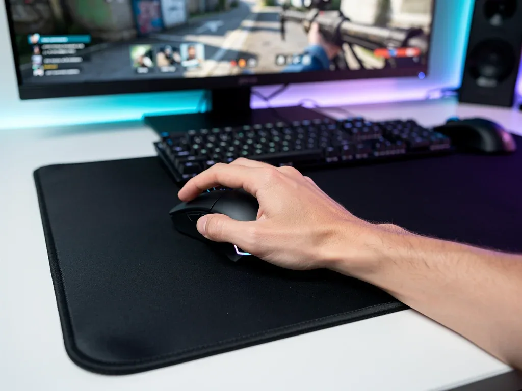 Close-up of hand on gaming mouse, demonstrating ergonomic grip for FPS aiming.