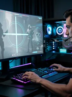 Gamer focused on screen, improving FPS aim with a futuristic training overlay.