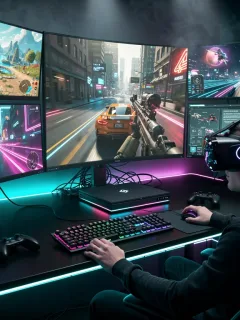 Futuristic gaming setup showcasing advanced 2026 gaming service benefits