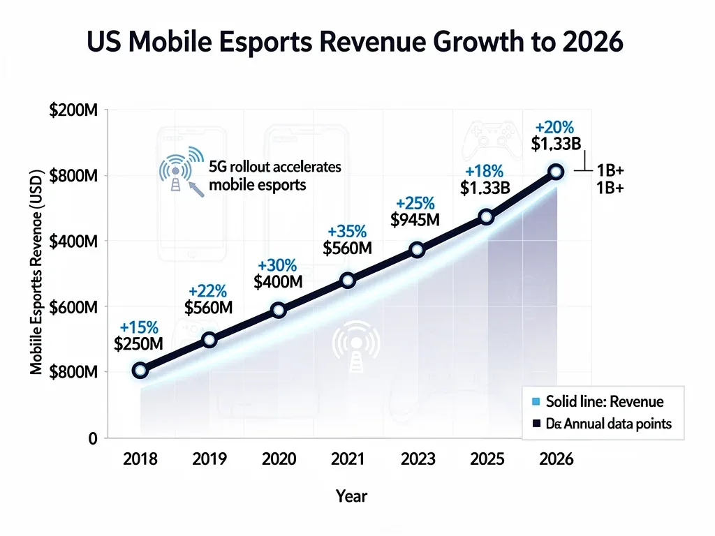 Infographic showing US mobile esports revenue growth with 5G influence, market analysis.