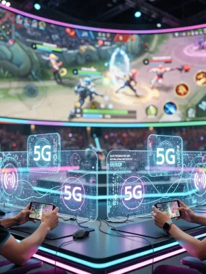 Dynamic mobile esports event with players leveraging 5G connectivity in the US, vibrant colors, futuristic elements.