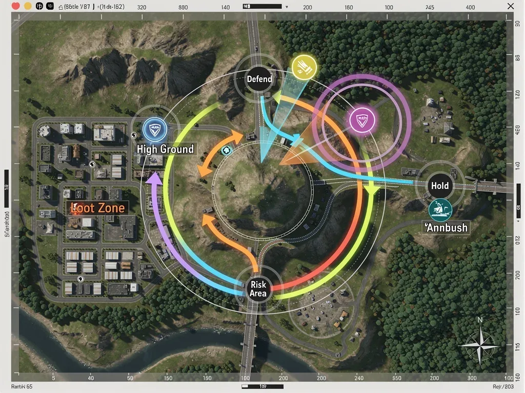 Strategic in-game map analysis for mobile battle royale, showing tactical routes and key locations.