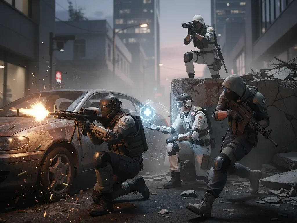 Mobile battle royale team executing a coordinated tactical maneuver, showcasing synergy and roles.