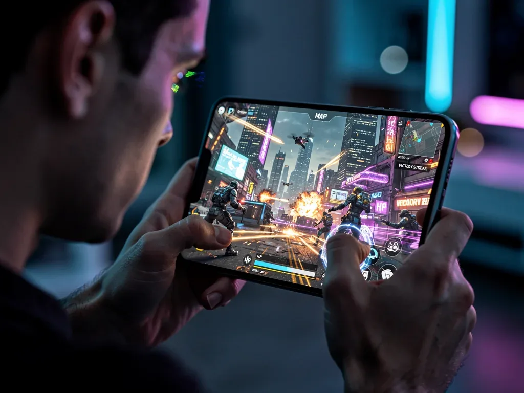 Mobile gamer intensely playing a battle royale game on a smartphone, displaying advanced tactics.