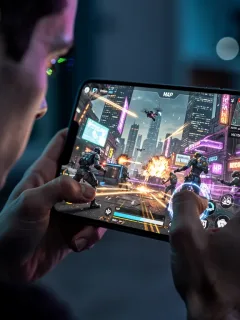 Mobile gamer intensely playing a battle royale game on a smartphone, displaying advanced tactics.