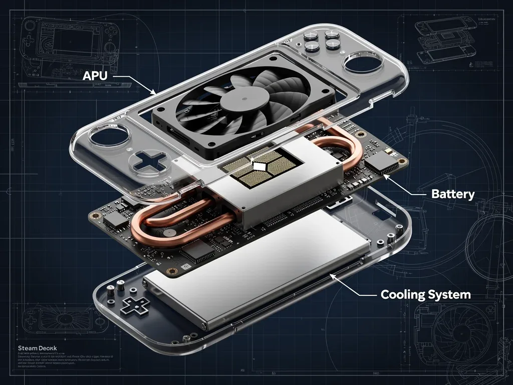 Exploded view diagram of Steam Deck 2 internal components, illustrating advanced hardware speculation