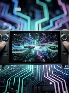 Futuristic Steam Deck 2 handheld device with glowing elements, representing next-gen gaming