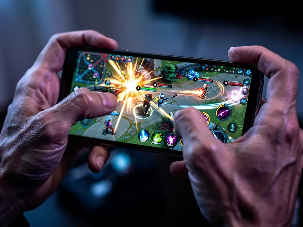 Mobile gamer's hands playing intensely on a smartphone