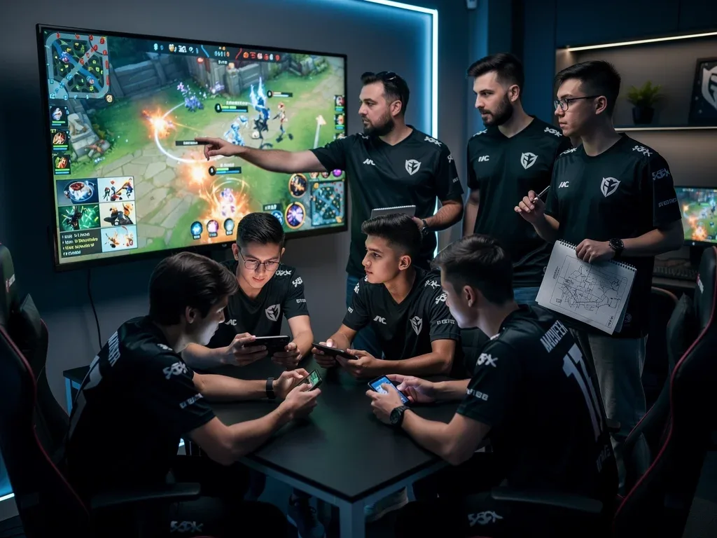 Mobile esports team strategizing before a match