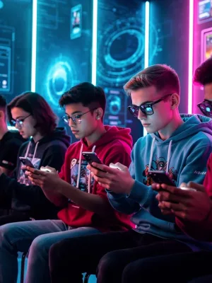 Competitive mobile gaming scene with players focused on smartphones