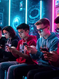 Competitive mobile gaming scene with players focused on smartphones