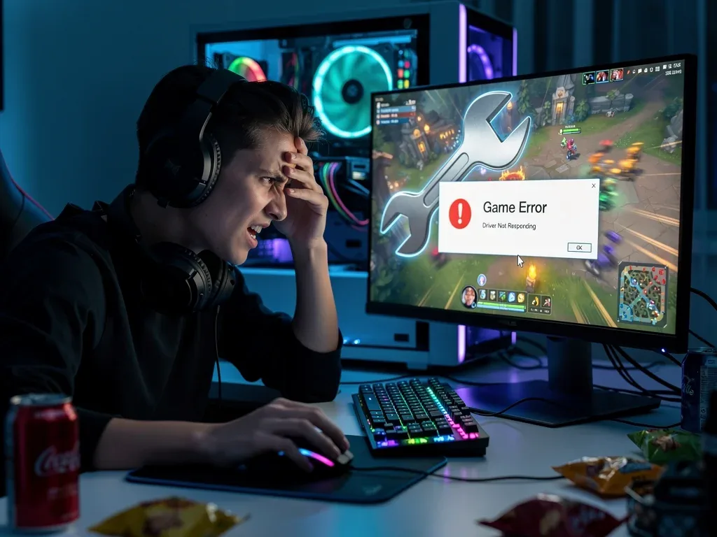 Gamer frustrated by error message, symbolizing software troubleshooting