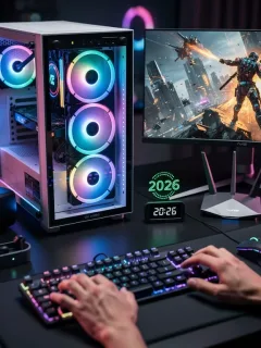 Futuristic gaming PC setup with RGB lighting and high-performance monitor