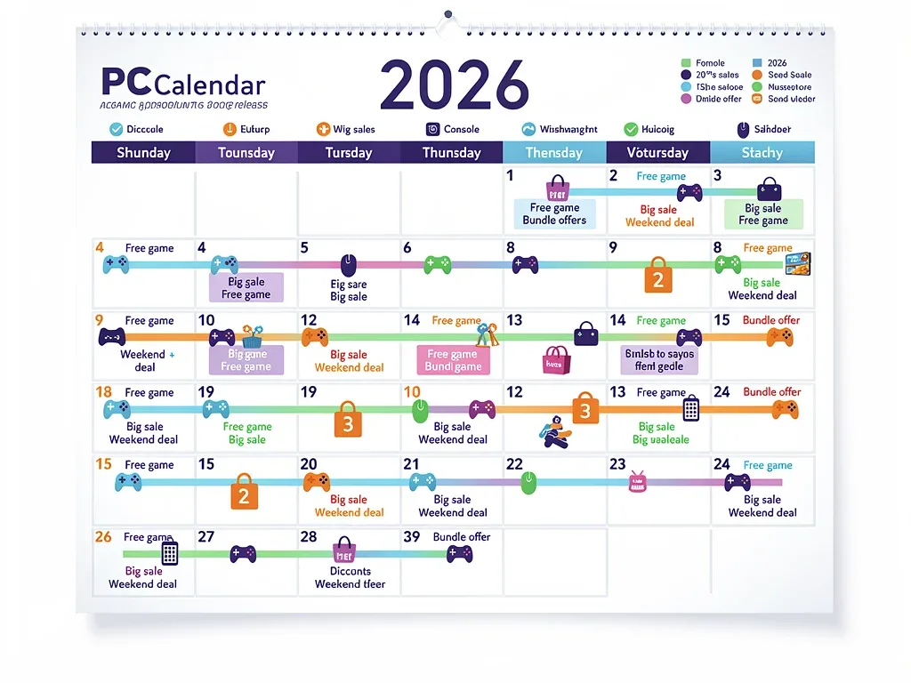 Calendar highlighting 2026 free game releases and discount events