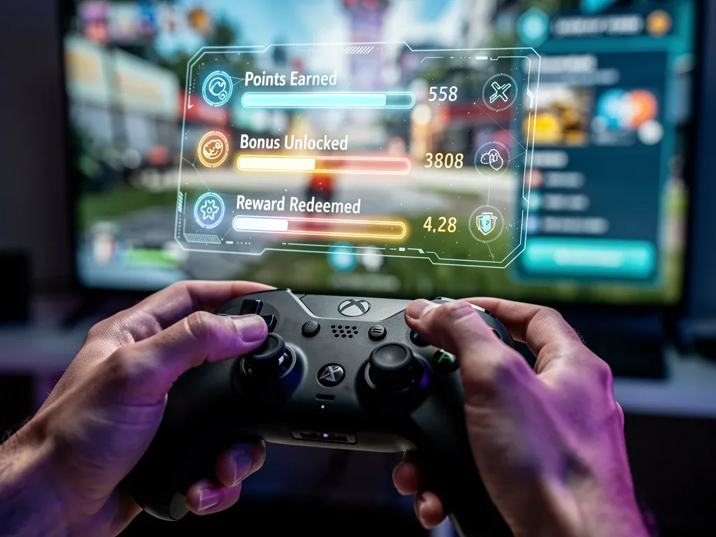 Gamer accumulating points on a controller with holographic reward display.