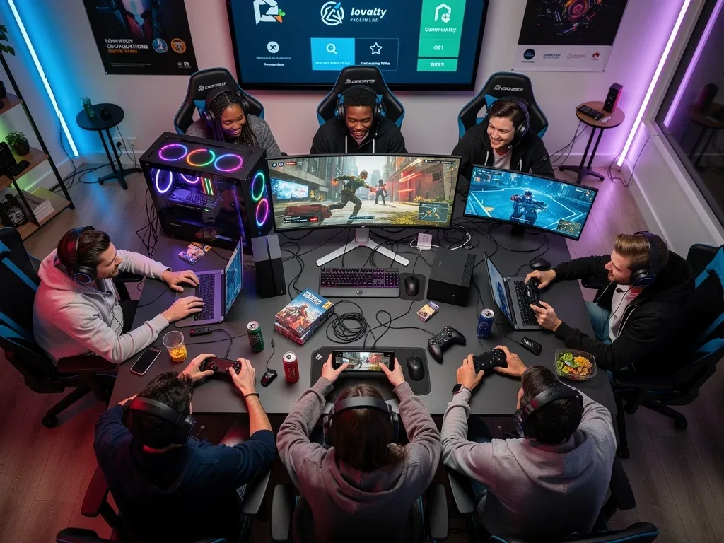 Diverse gamers enjoying multi-platform session with integrated loyalty program benefits.