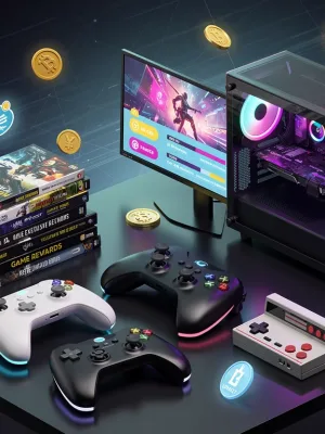 Dynamic gaming setup with controllers, PC, and loyalty program icons for rewards.