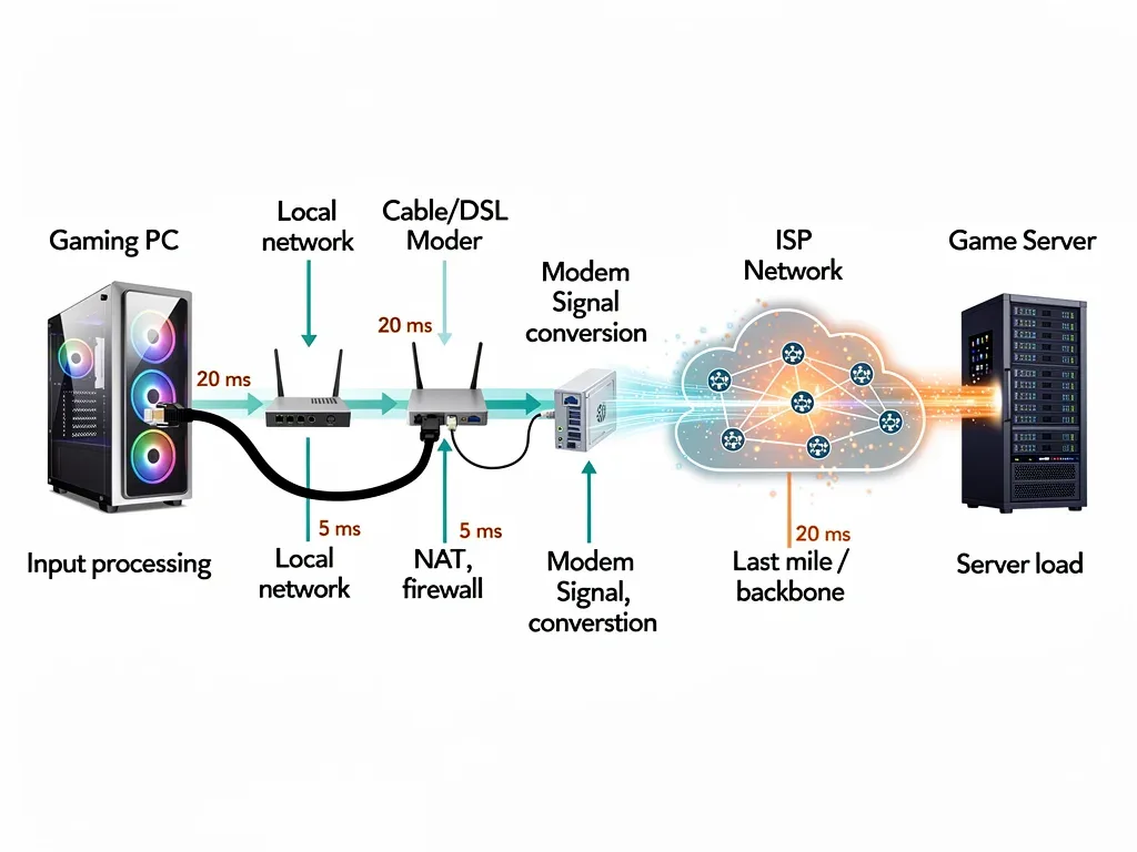 Diagram of network data path showing latency points in online gaming
