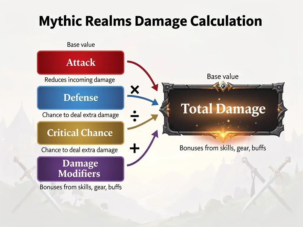 Infographic detailing Mythic Realms' damage calculation formula components