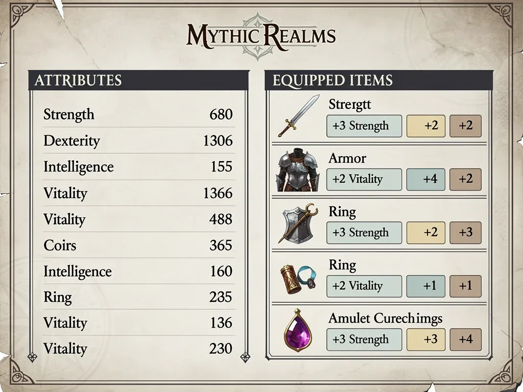 Mythic Realms character sheet showing detailed player statistics and gear bonuses