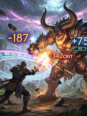Dynamic combat scene showing damage numbers and magical effects in Mythic Realms