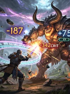 Dynamic combat scene showing damage numbers and magical effects in Mythic Realms