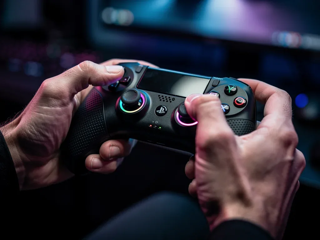 Gamer's hands on a high-end mobile gaming controller, emphasizing ergonomic design and responsive controls during gameplay.