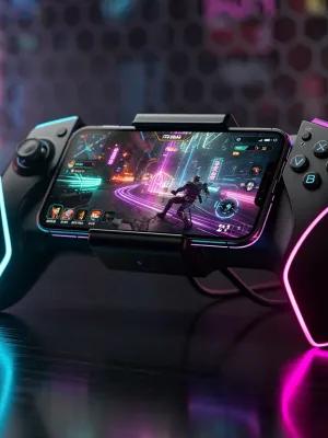 Futuristic mobile gaming controller attached to a smartphone, glowing with neon lights, showcasing advanced mobile gaming in 2026.